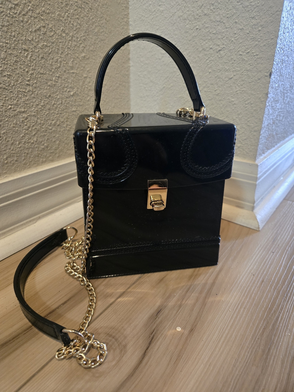 Black Patent Box Crossbody Bag with Gold Chain